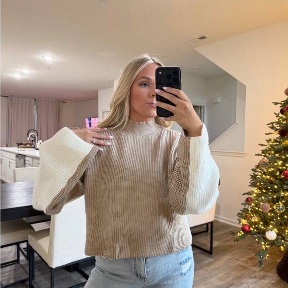 One arrival mock neck knit taupe white Women's Sweater - Picture 2 of 12